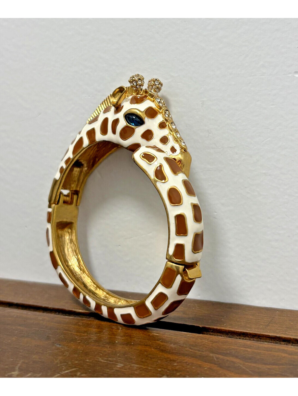J. Crew Gold Tone Enamel Giraffe Hinged Bangle Bracelet w/ Rhinestones Statement